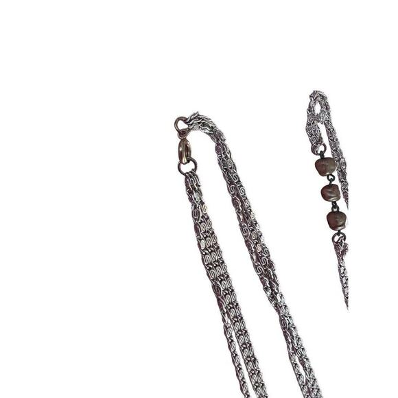 Vintage 55" Three Strand Beaded Necklace Silver Tone Chain Champagne Beads - Picture 4 of 13